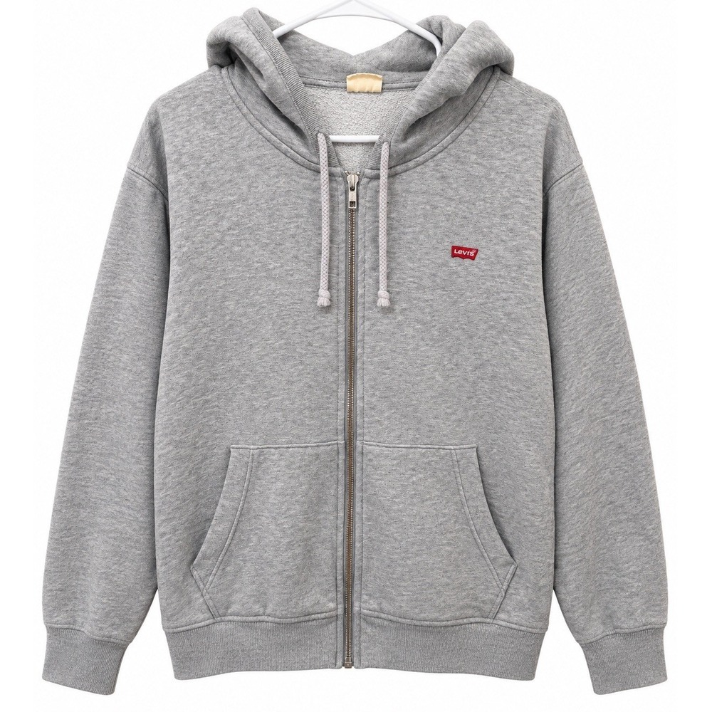 Levi's Men's Large Gray Full Zip Hoodie Sweatshirt Red Logo Pockets